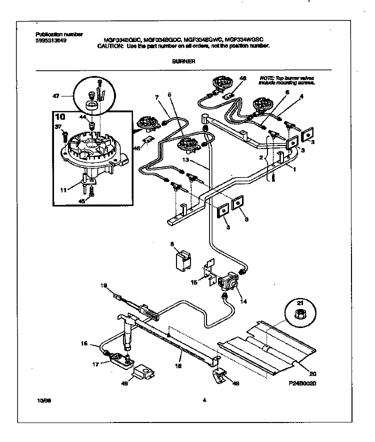 BURNER Diagram and Parts List for MGF334BGBC  Frigidaire Range