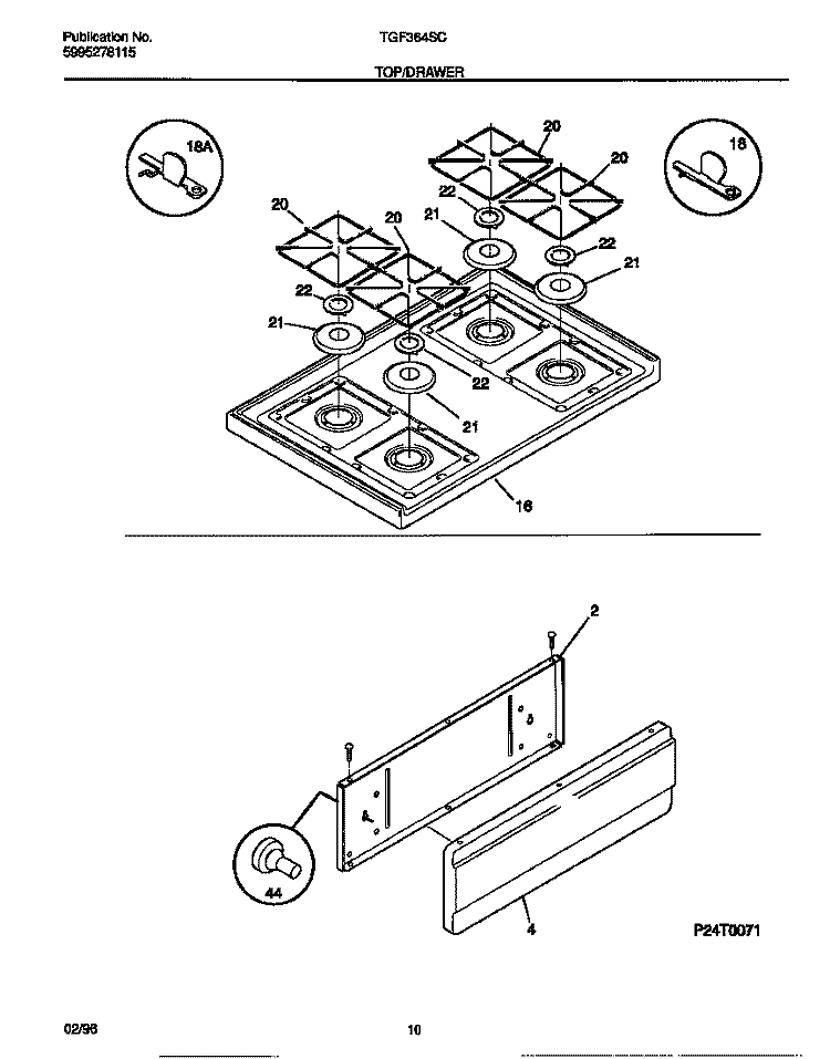 TOP / DRAWER Diagram and Parts List for TGF364SCDA  Tappan Range