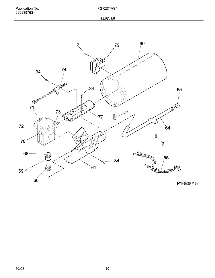 BURNER Diagram and Parts List for FGR231AS4  Frigidaire Dryer