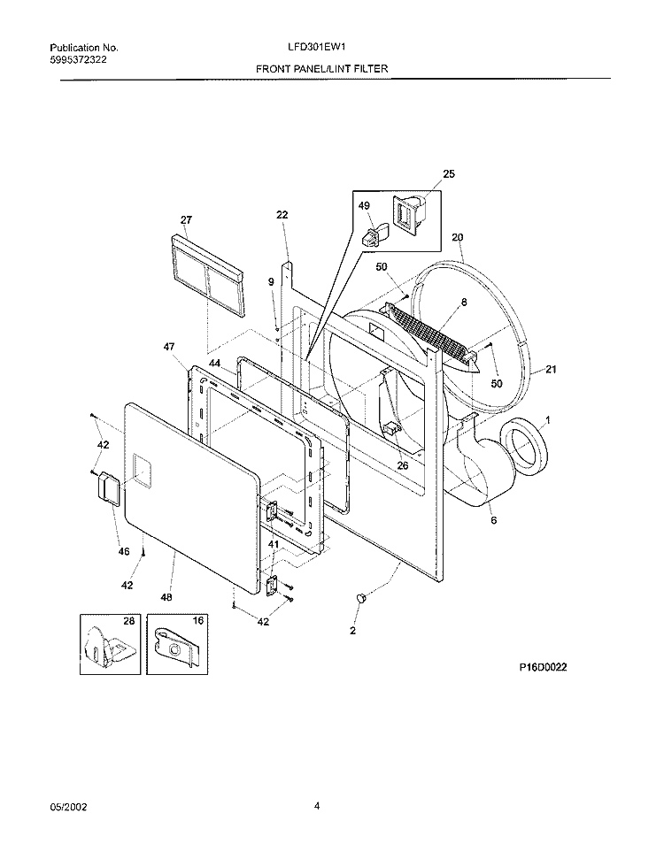 FRONT PANEL / LINT FILTER Diagram and Parts List for LFD301EW1  Frigidaire Dryer