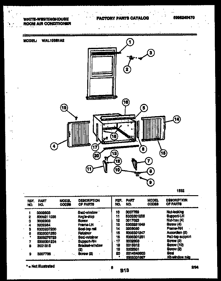 CABINET AND INSTALLATION PARTS Diagram and Parts List for WAL103S1A2  Frigidaire Air Conditioner