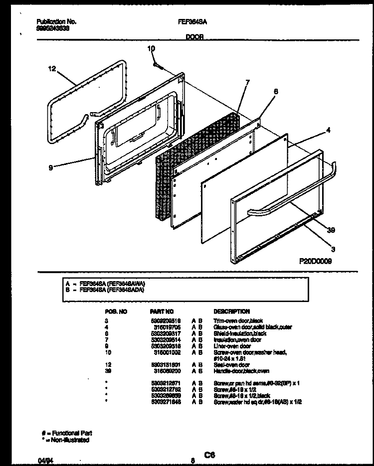DOOR PARTS Diagram and Parts List for FEF364SADA  Frigidaire Range