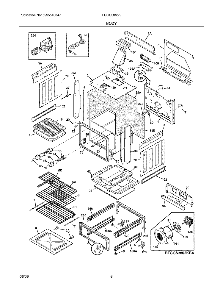 BODY Diagram and Parts List for FGGS3065KBA  Frigidaire Range