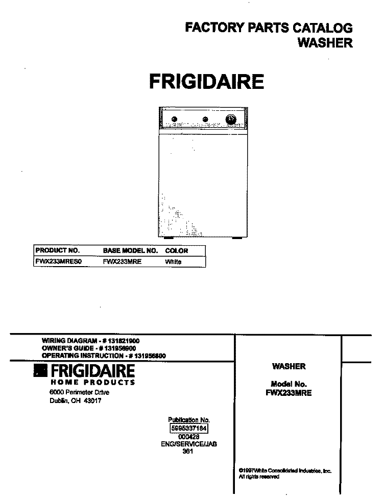 COVER Diagram and Parts List for FWX233MRES0  Frigidaire Washer