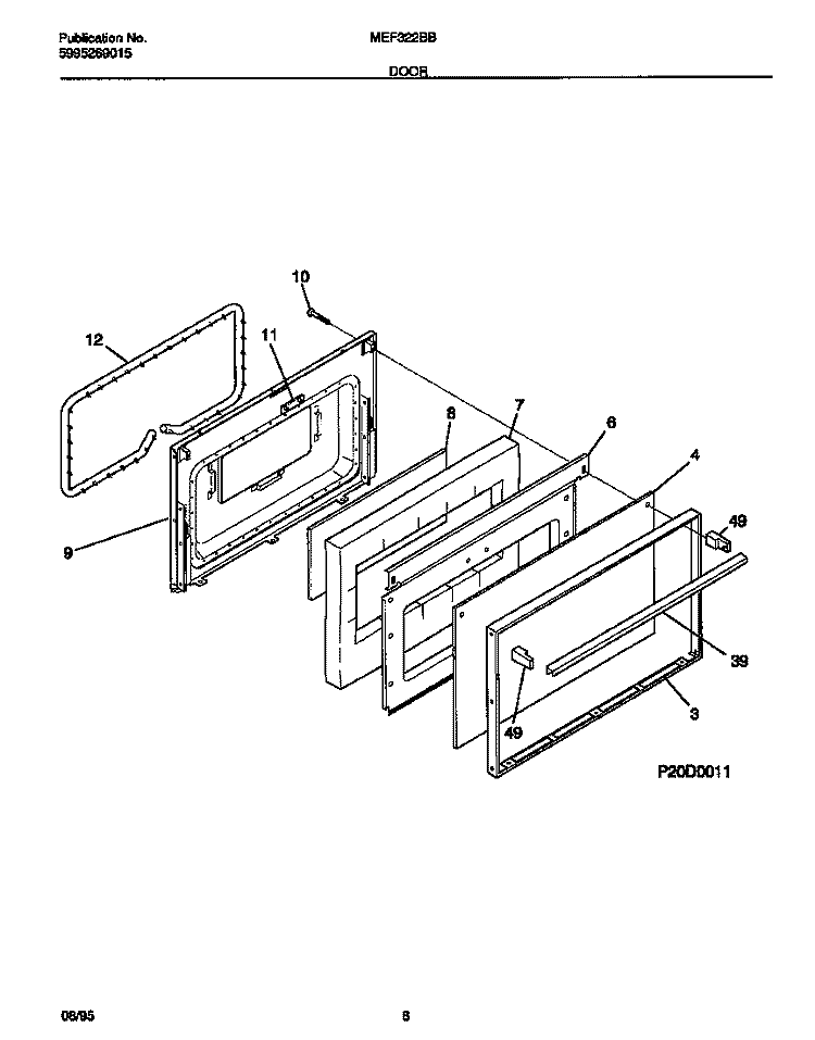 DOOR Diagram and Parts List for MEF322BBWC  Frigidaire Range