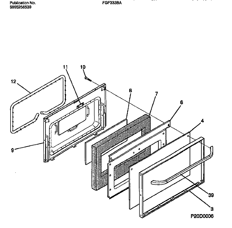 DOOR Diagram and Parts List for FGF333BADB  Frigidaire Range