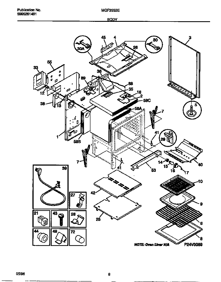 BODY Diagram and Parts List for MGF355BEDB  Frigidaire Range