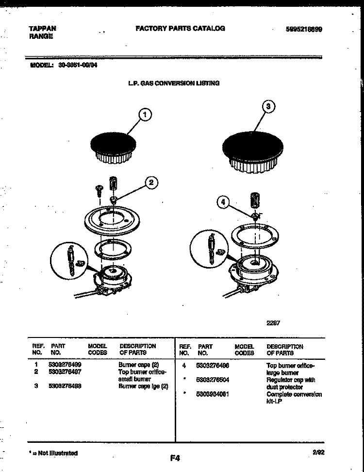 BURNER PARTS Diagram and Parts List for 30-3851-00-04  Tappan Range