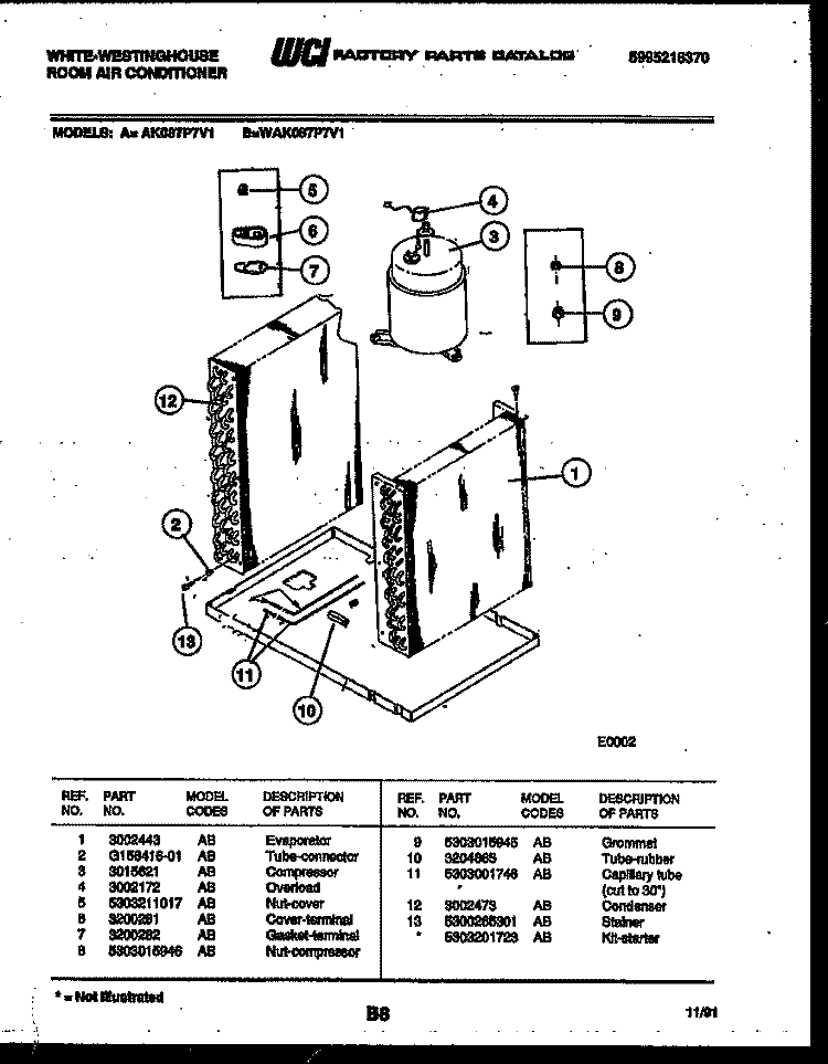 SYSTEM PARTS Diagram and Parts List for WAK087P7V1  Frigidaire Air Conditioner