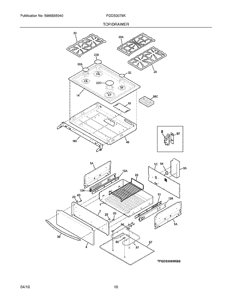 TOP/DRAWER Diagram and Parts List for FGDS3075KBB  Frigidaire Range