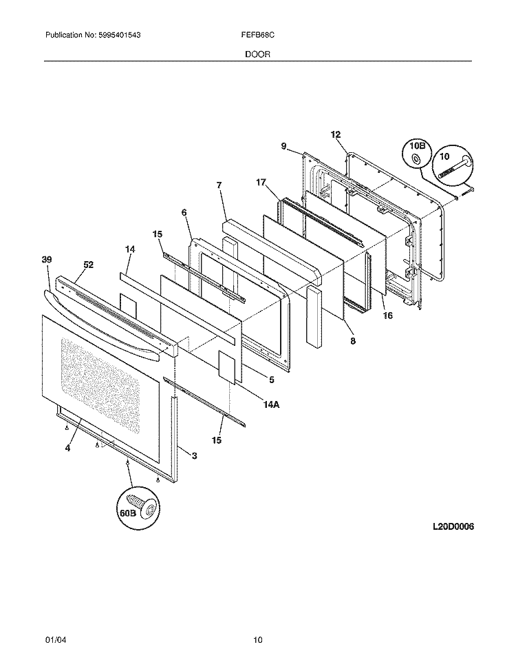 DOOR Diagram and Parts List for FEFB68CSC  Frigidaire Range