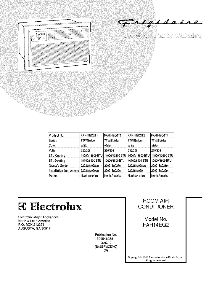 COVER Diagram and Parts List for FAH14EQ2T2  Frigidaire Air Conditioner