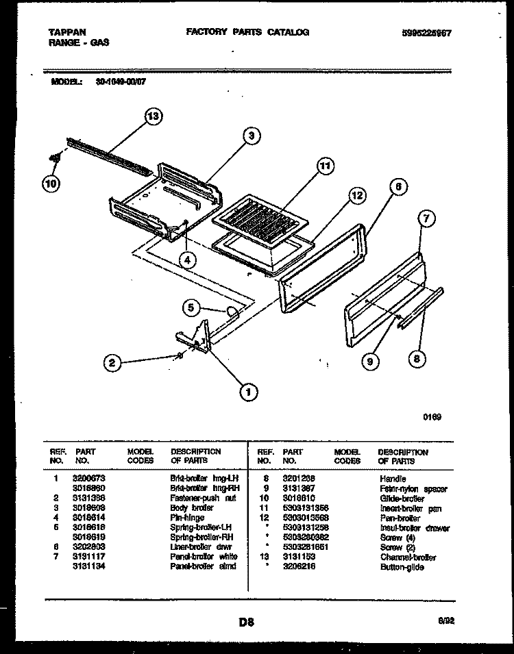 BROILER DRAWER PARTS Diagram and Parts List for 30-1049-23-07  Tappan Range