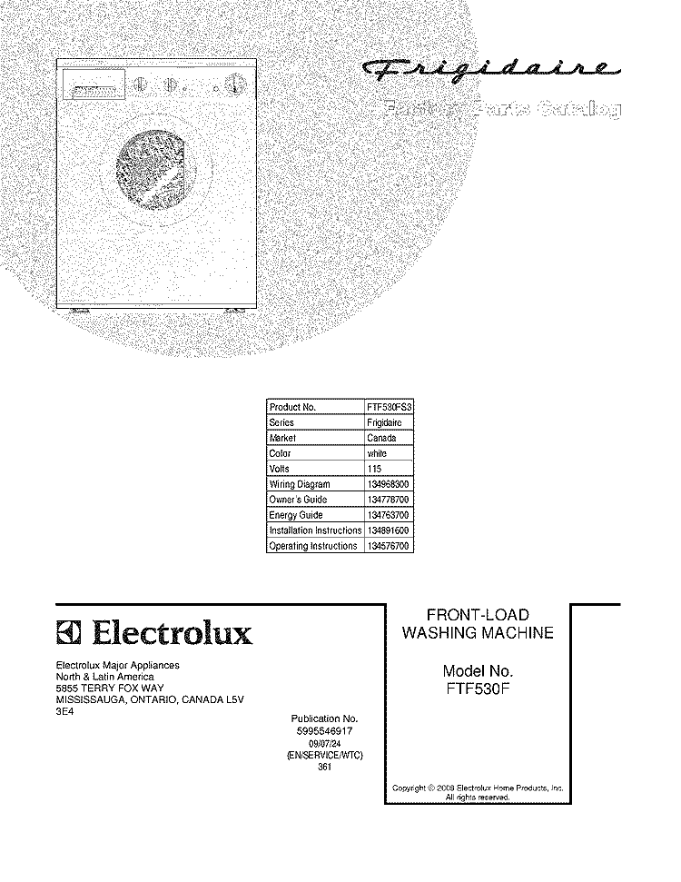 COVER Diagram and Parts List for FTF530FS3  Frigidaire Washer