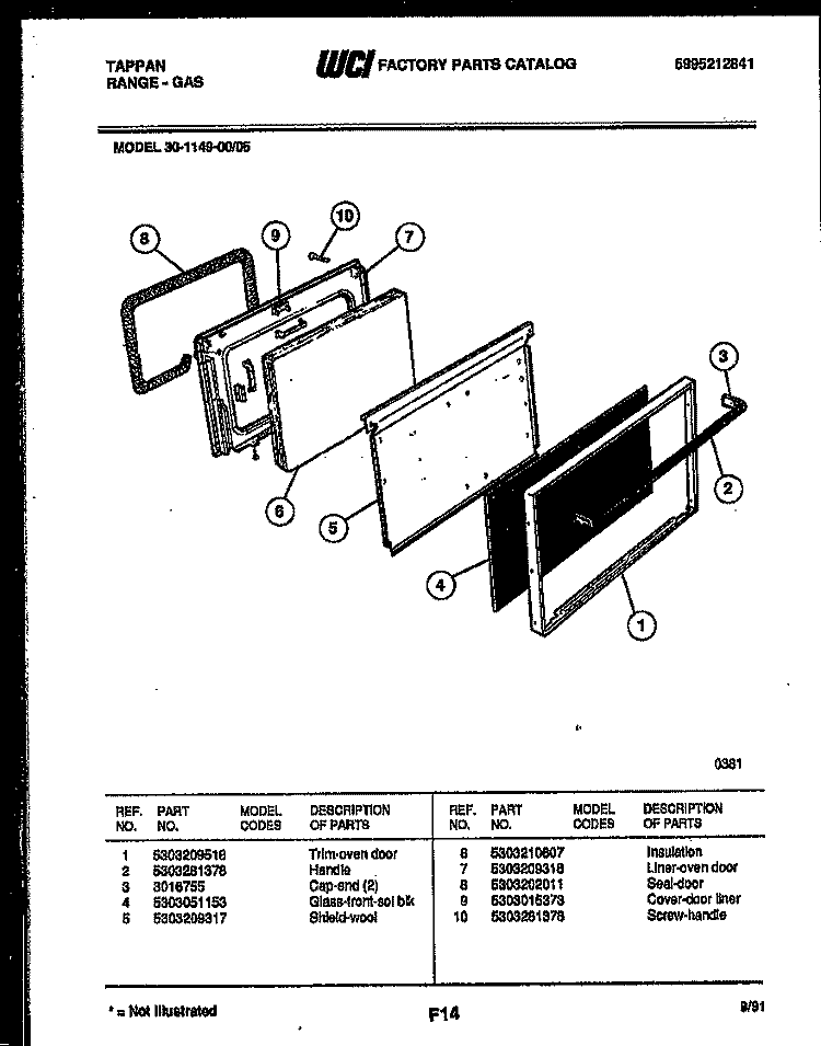 DOOR PARTS Diagram and Parts List for 30-1149-00-05  Tappan Range