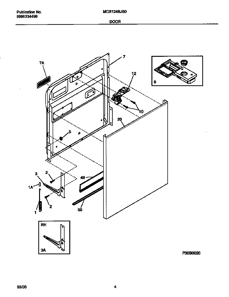 DOOR Diagram and Parts List for MDB124BJB0  Frigidaire Dishwasher