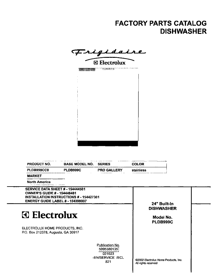 COVER Diagram and Parts List for PLDB999CC0  Frigidaire Dishwasher