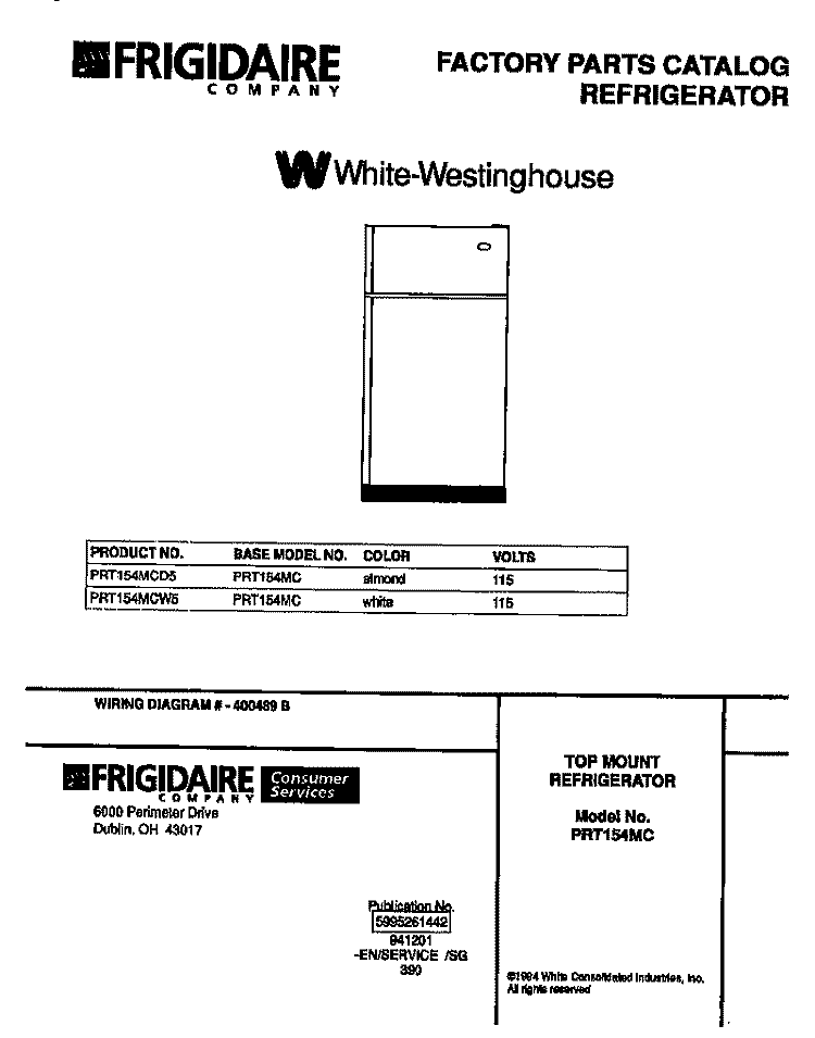 COVER Diagram and Parts List for PRT154MCD5  Frigidaire Refrigerator