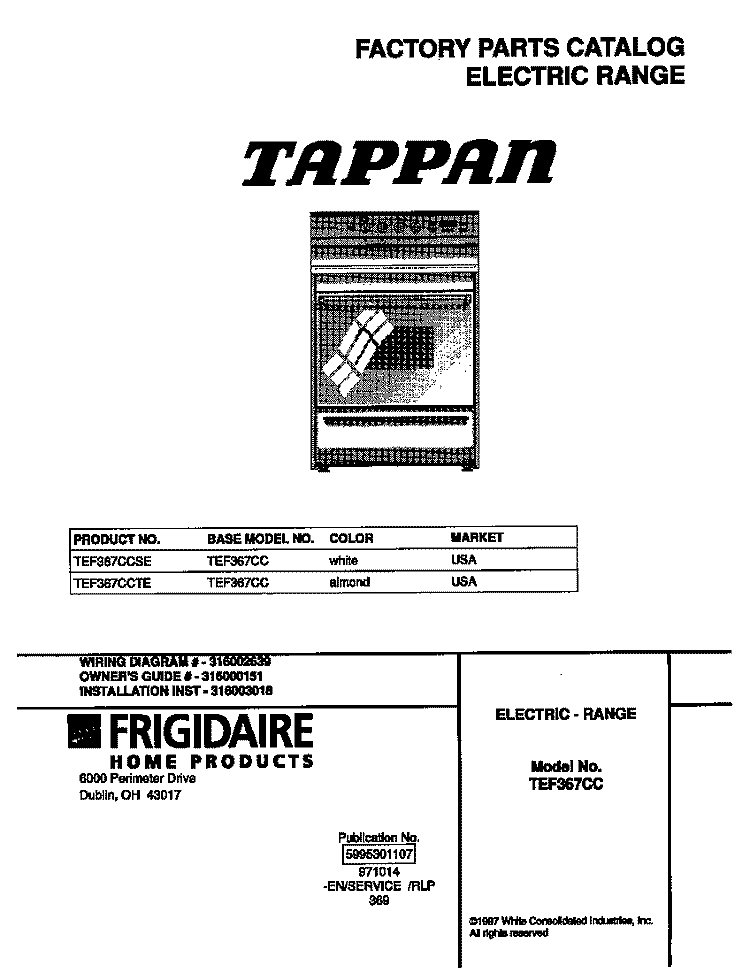 COVER Diagram and Parts List for TEF367CCSE  Tappan Range