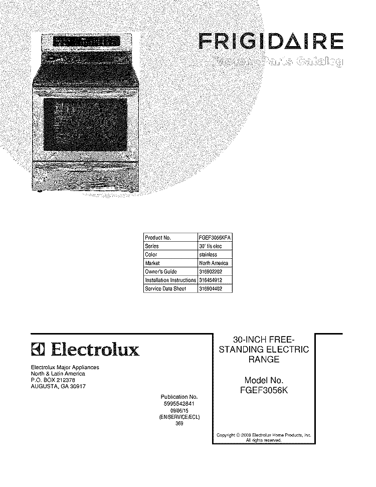 COVER Diagram and Parts List for FGEF3056KFA  Frigidaire Range