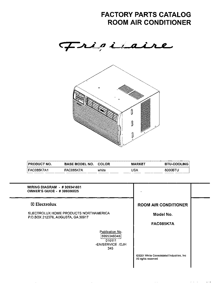 COVER Diagram and Parts List for FAC085K7A1  Frigidaire Air Conditioner