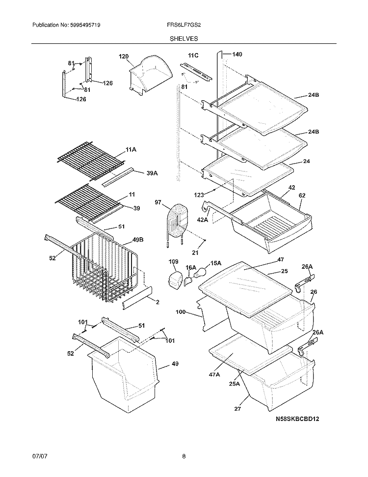 SHELVES Diagram and Parts List for FRS6LF7GS2  Frigidaire Refrigerator