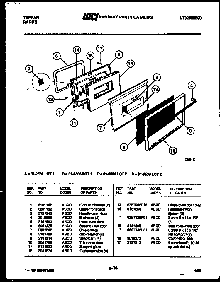 DOOR PARTS Diagram and Parts List for 31-2538-00-02  Tappan Range