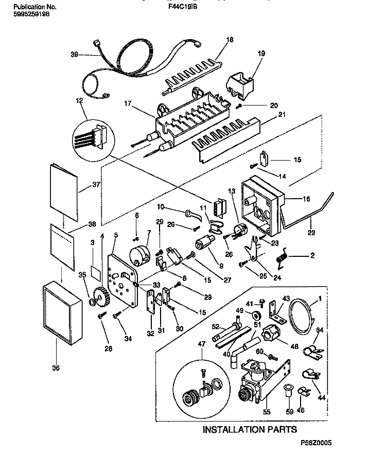 ICE MAKER COMPONENTS Diagram and Parts List for F44C19IBD0  Frigidaire Refrigerator