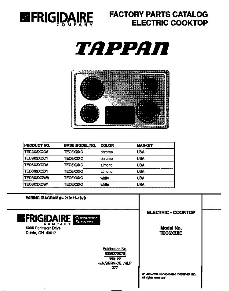 COVER Diagram and Parts List for TEC6X3XCC1  Tappan Cooktop