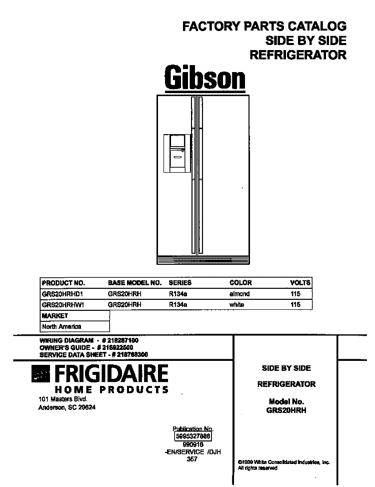 COVER Diagram and Parts List for GRS20HRHD1  Gibson Refrigerator