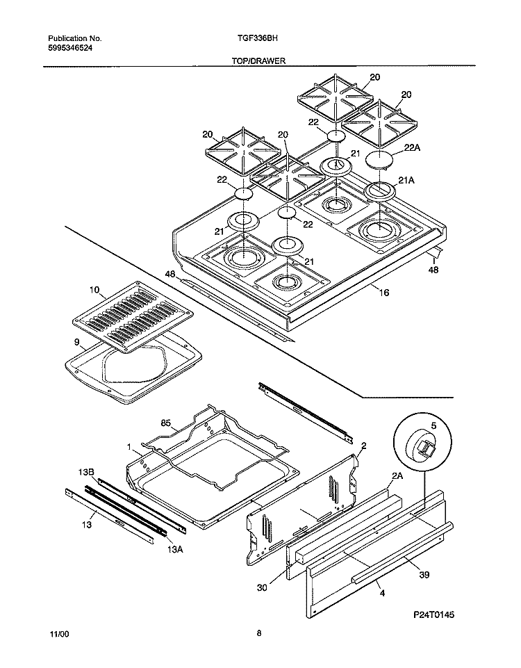 TOP / DRAWER Diagram and Parts List for TGF336BHDE  Tappan Range