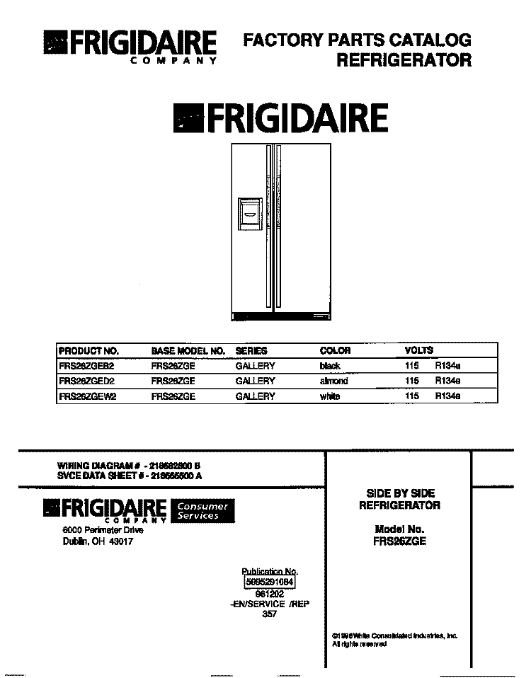 COVER Diagram and Parts List for FRS26ZGEB2  Frigidaire Refrigerator