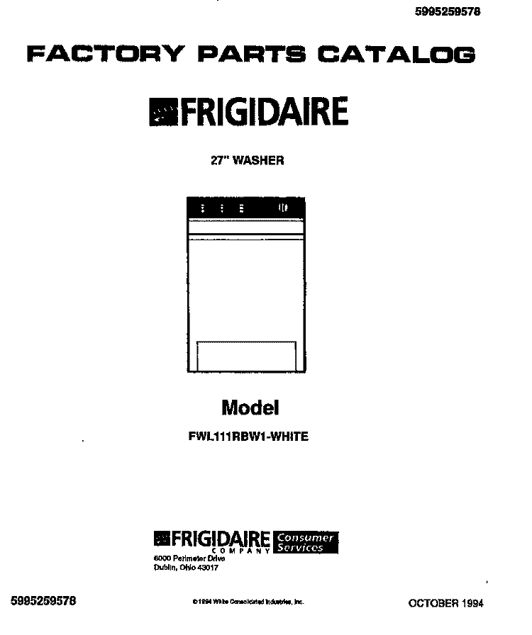 WASHER, 27`` Diagram and Parts List for FWL111RBW1  Frigidaire Washer