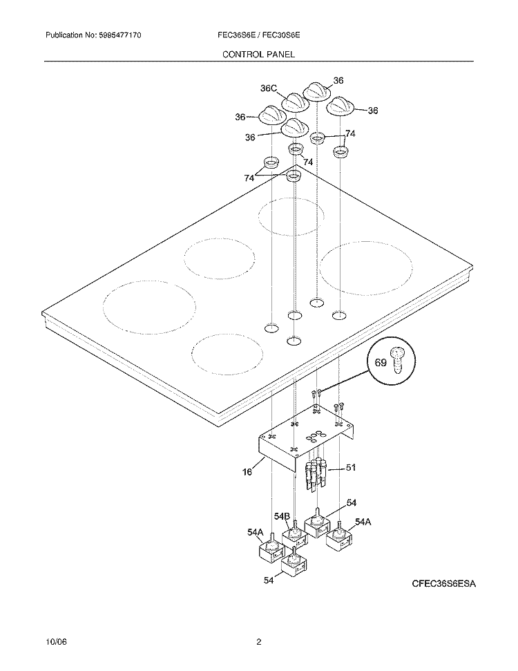 CONTROL PANEL Diagram and Parts List for FEC36S6EBB  Frigidaire Cooktop