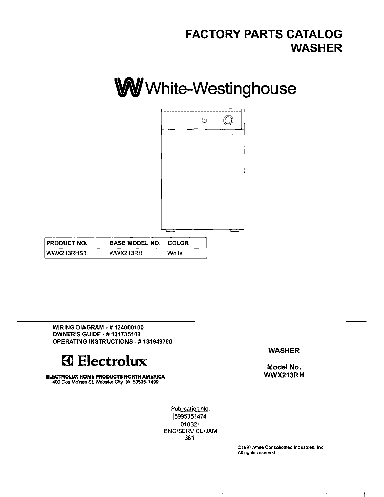 COVER Diagram and Parts List for WWX213RHS1  Westinghouse Washer