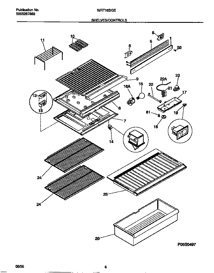SHELVES / CONTROLS Diagram and Parts List for WRT16DGEW0  Frigidaire Refrigerator