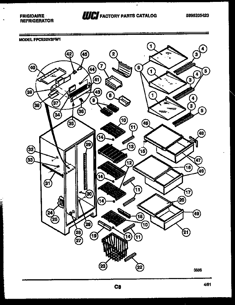 SHELVES AND SUPPORTS Diagram and Parts List for FPCE22V3FF1  Frigidaire Refrigerator