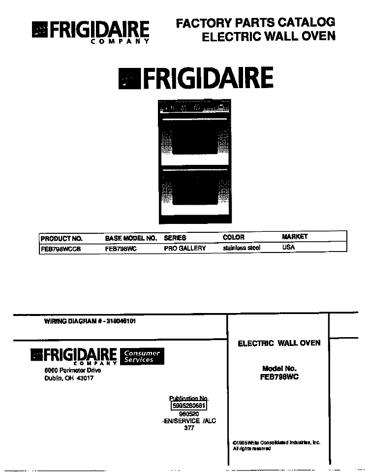 COVER Diagram and Parts List for FEB798WCCB  Frigidaire Wall Oven