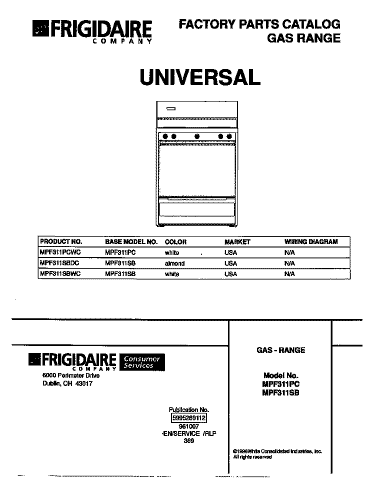 COVER Diagram and Parts List for MPF311SBDC  Frigidaire Range
