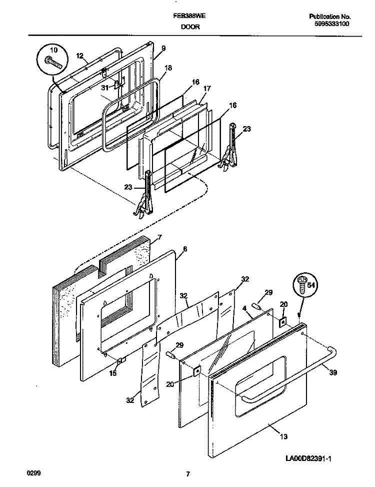 DOOR Diagram and Parts List for FEB386WECH  Frigidaire Wall Oven