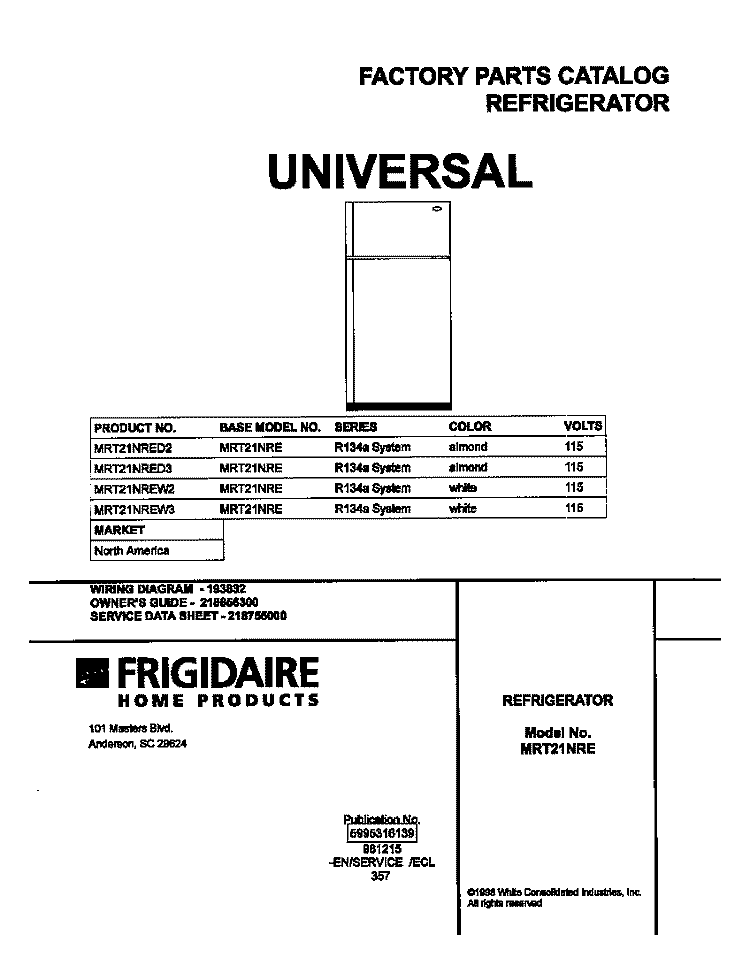 COVER Diagram and Parts List for MRT21NRED3  Frigidaire Refrigerator