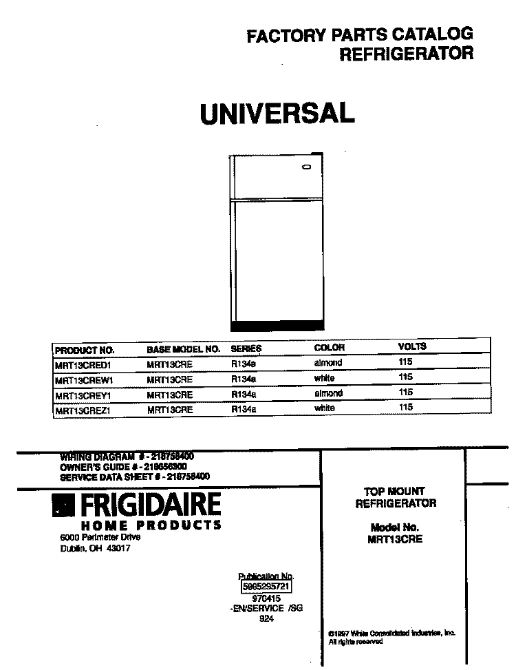 COVER Diagram and Parts List for MRT13CREW1  Frigidaire Refrigerator