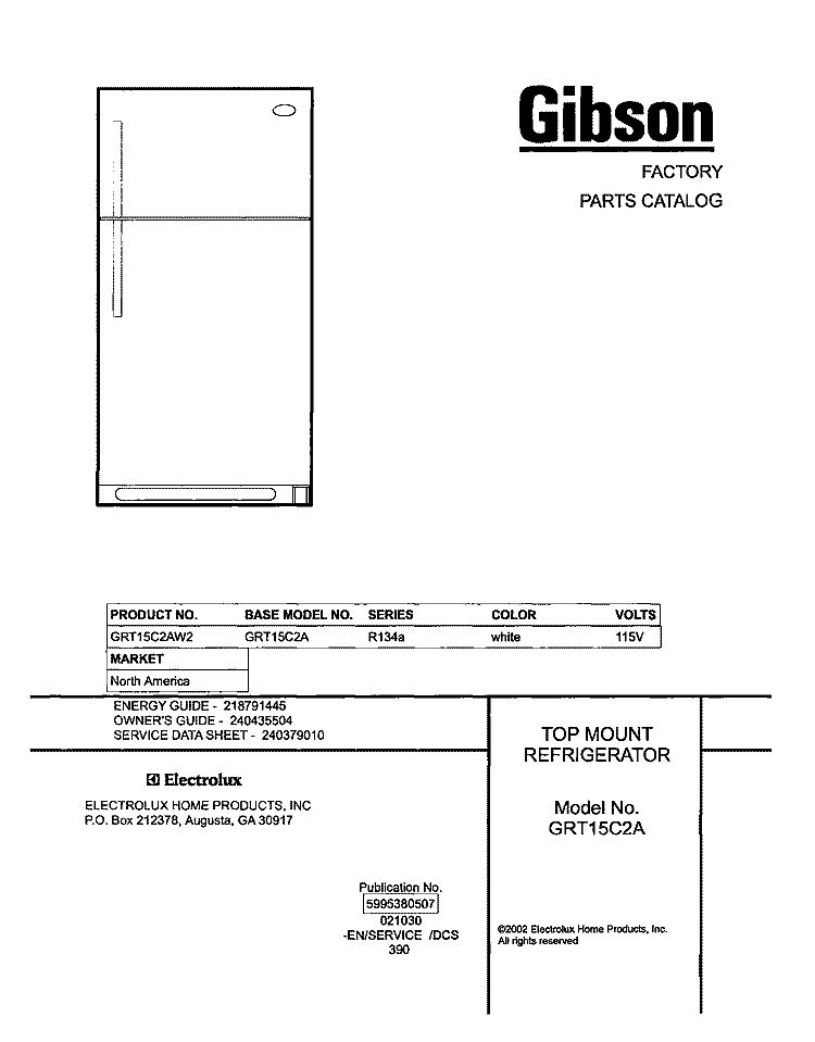 COVER Diagram and Parts List for GRT15C2AW2  Gibson Refrigerator