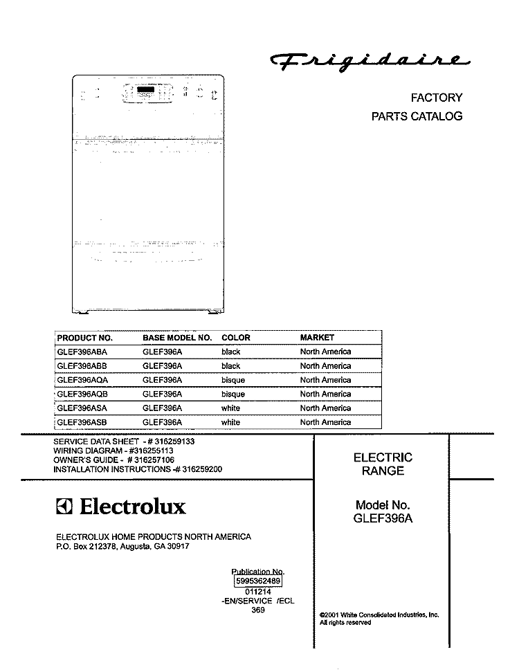COVER Diagram and Parts List for GLEF396ASB  Frigidaire Range