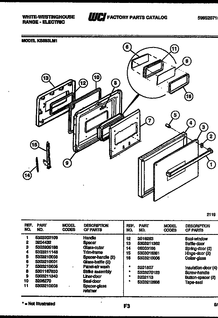 DOOR PARTS Diagram and Parts List for KB883LM1  Frigidaire Wall Oven