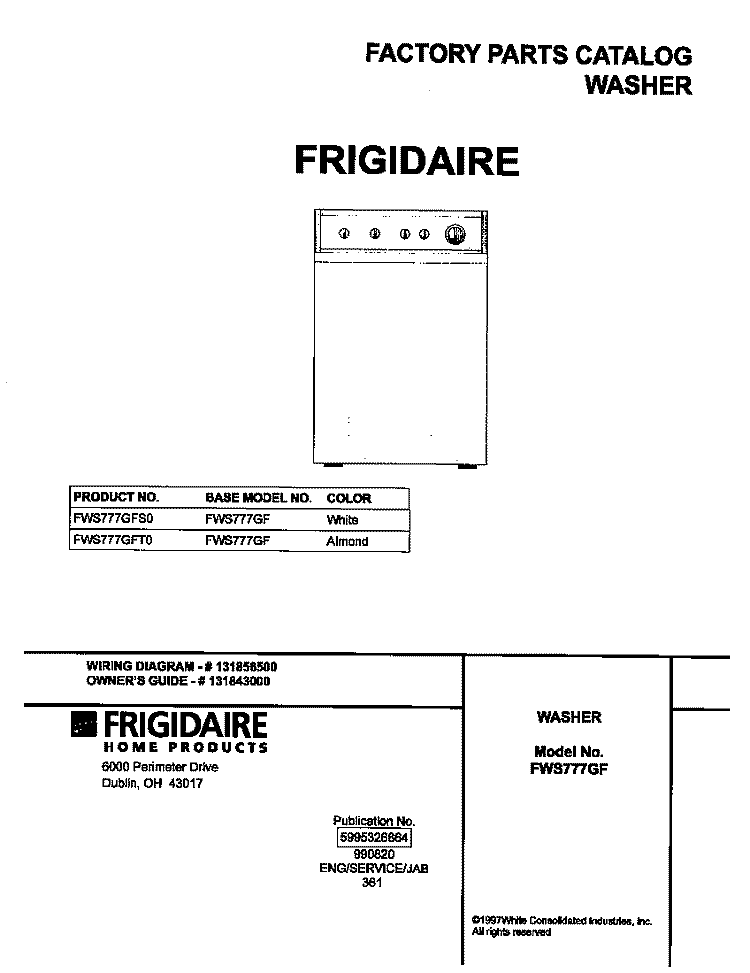 COVER Diagram and Parts List for FWS777GFT0  Frigidaire Washer