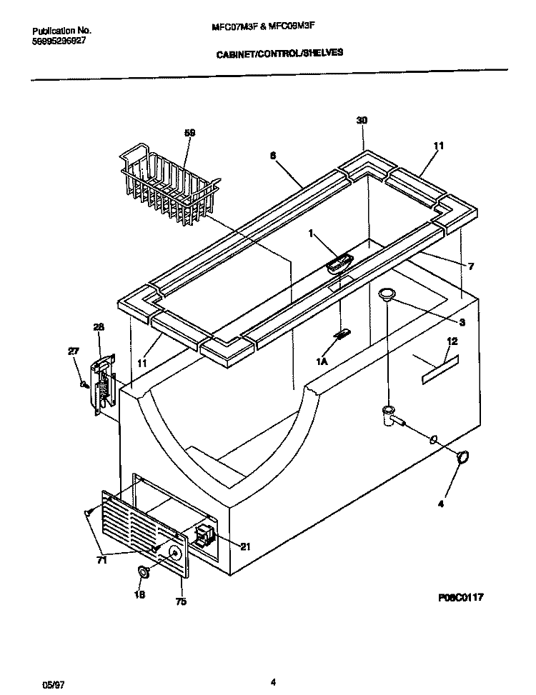 CABINET / CONTROL / SHELVES Diagram and Parts List for MFC09M3FW1  Frigidaire Freezer