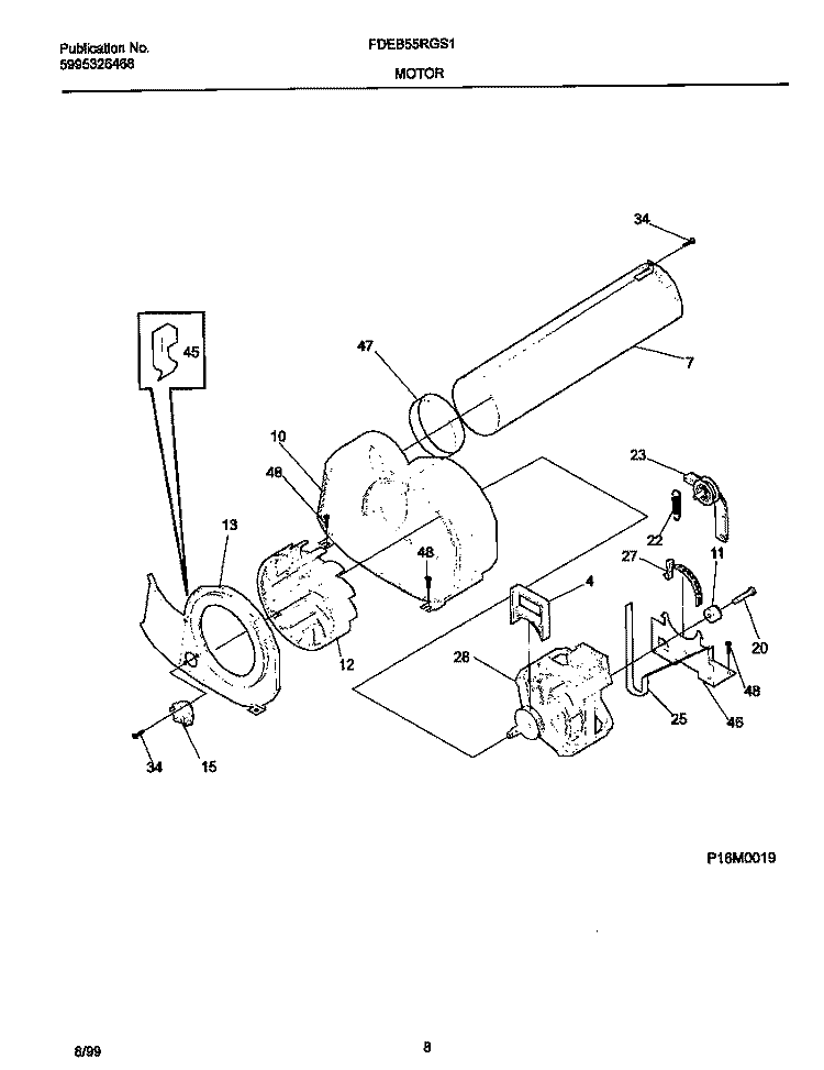P16M0019 MOTOR, BLOWER Diagram and Parts List for FDEB55RGS1  Frigidaire Dryer
