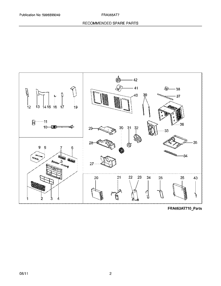 RECOMMENDED SPARE PARTS Diagram and Parts List for FRA065AT711  Frigidaire Air Conditioner