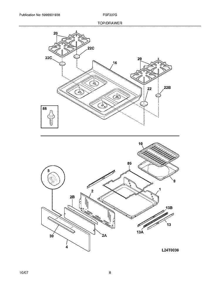 TOP / DRAWER Diagram and Parts List for FGF337GSB  Frigidaire Range
